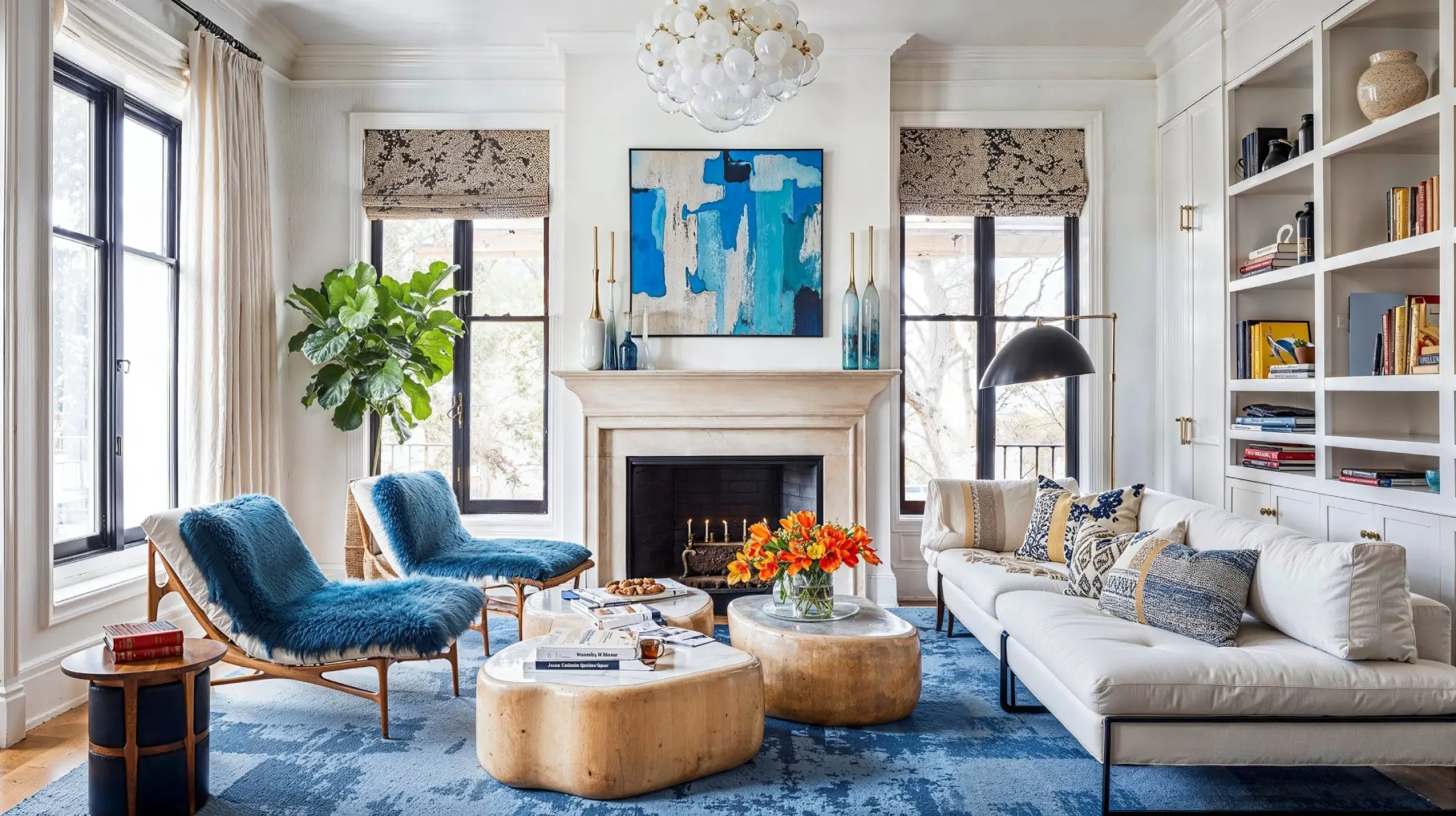 A stylish living room with modern decor features a white sofa, two blue chairs, vibrant art above a fireplace, tall windows, and a blue-patterned rug, one of the many bespoke furniture trends.