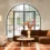 Inviting living room with large arched windows, brown sectional sofa, round chair, modern art, patterned rug, and elegant decor creating a warm, cozy atmosphere,