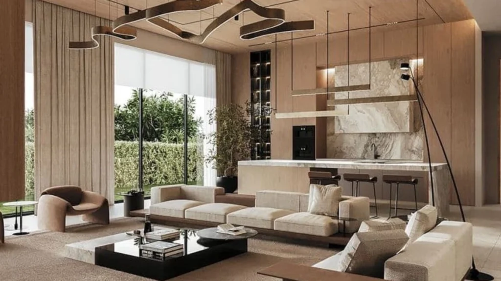 Luxury modern interiors featuring cultural art pieces and protected design assets.