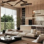 Luxury modern interiors featuring cultural art pieces and protected design assets.