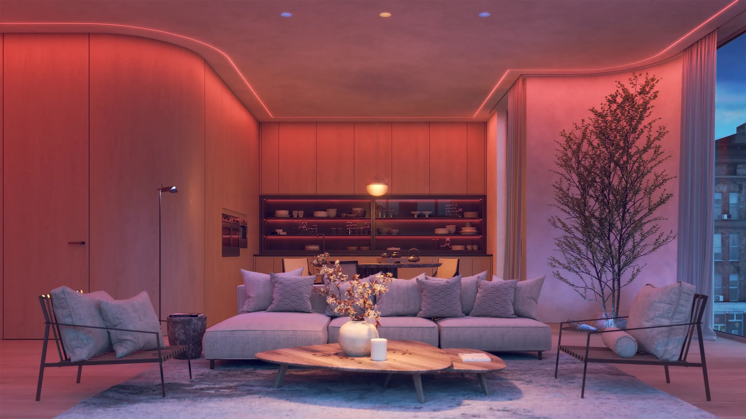 Interior trends 2026 experiential lighting design with warm ambient light and layered illumination creating an emotional and immersive interior atmosphere.