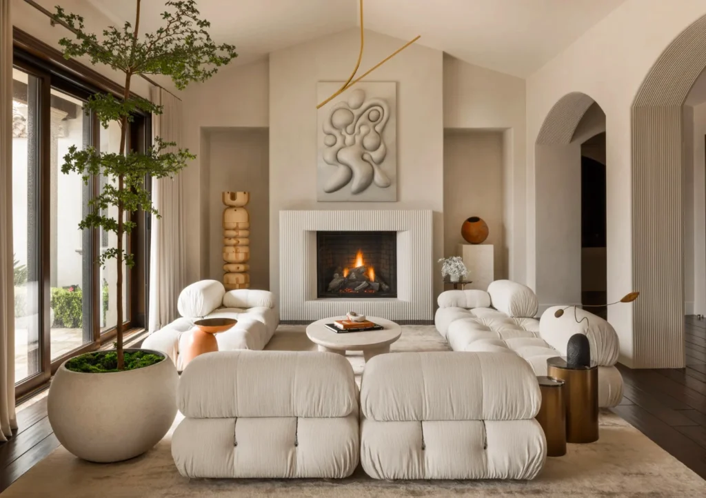Interior trends 2026 emotional design space featuring natural light, organic shapes, and neutral tones, creating a calm and experiential contemporary interior.