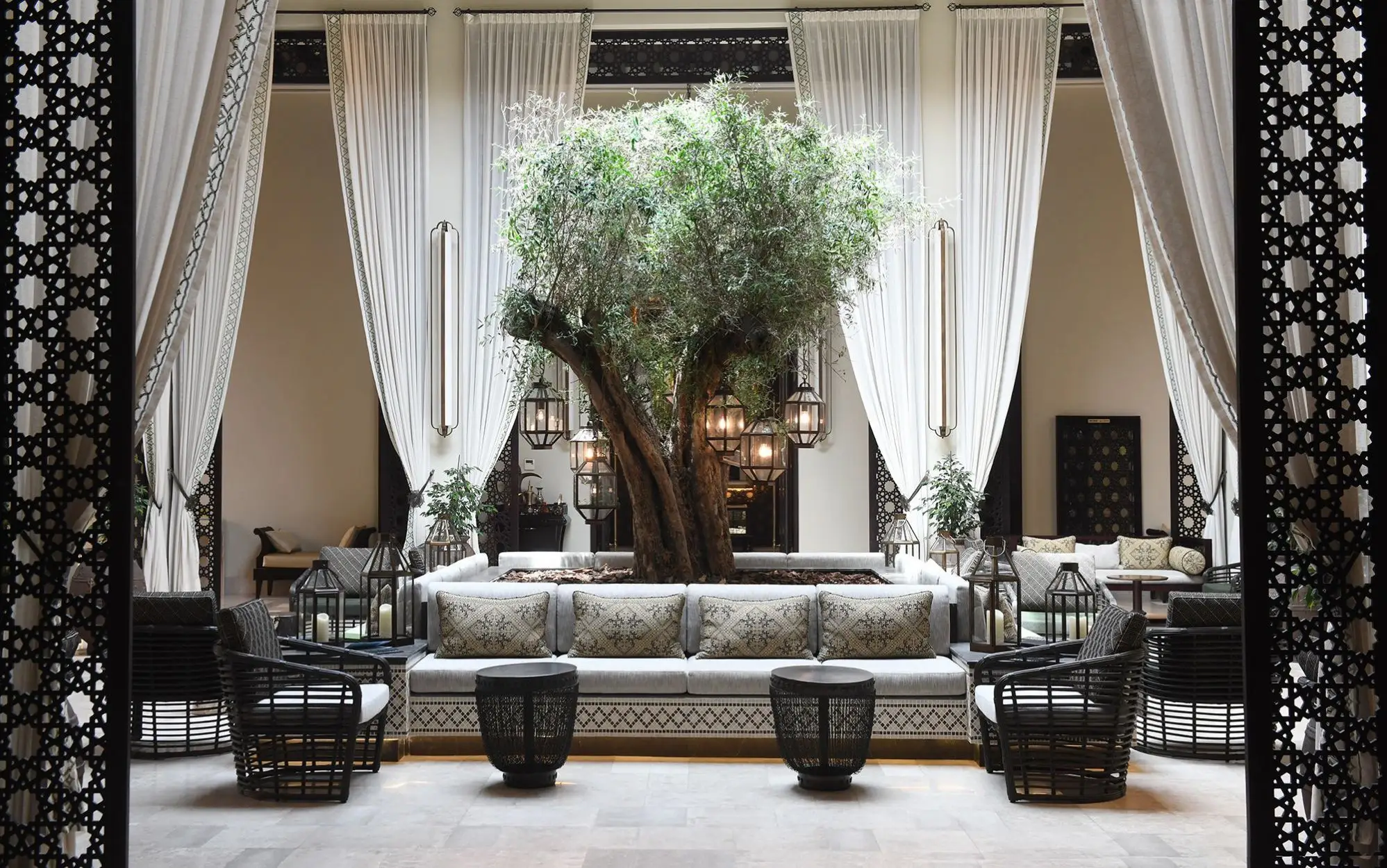 Elegant lounge by designer Kristina Zanic with a central olive tree surrounded by comfortable sofas and chairs. Soft lighting and tall curtains create a serene, inviting atmosphere.