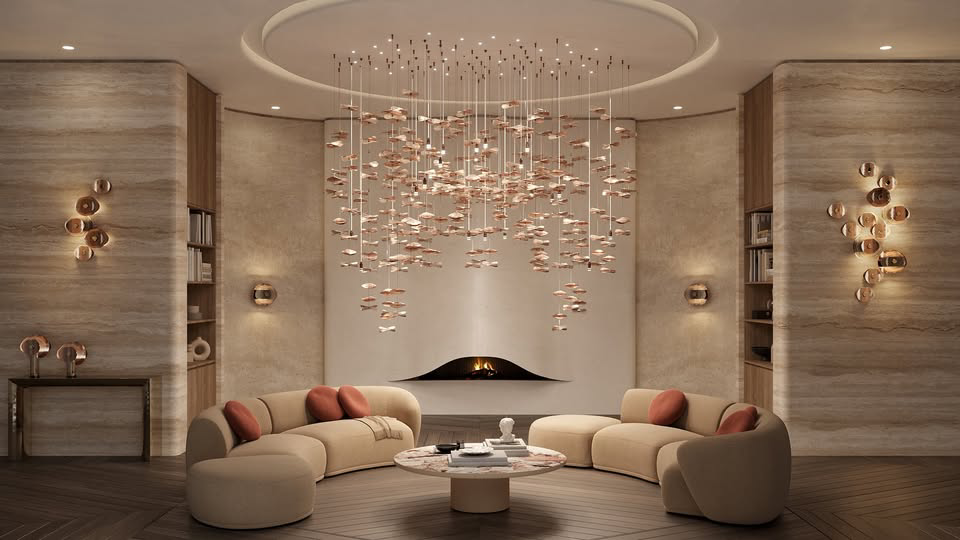 Elegant living room with beige curved sofas around a circular coffee table. A modern chandelier with hanging elements adds sophistication.