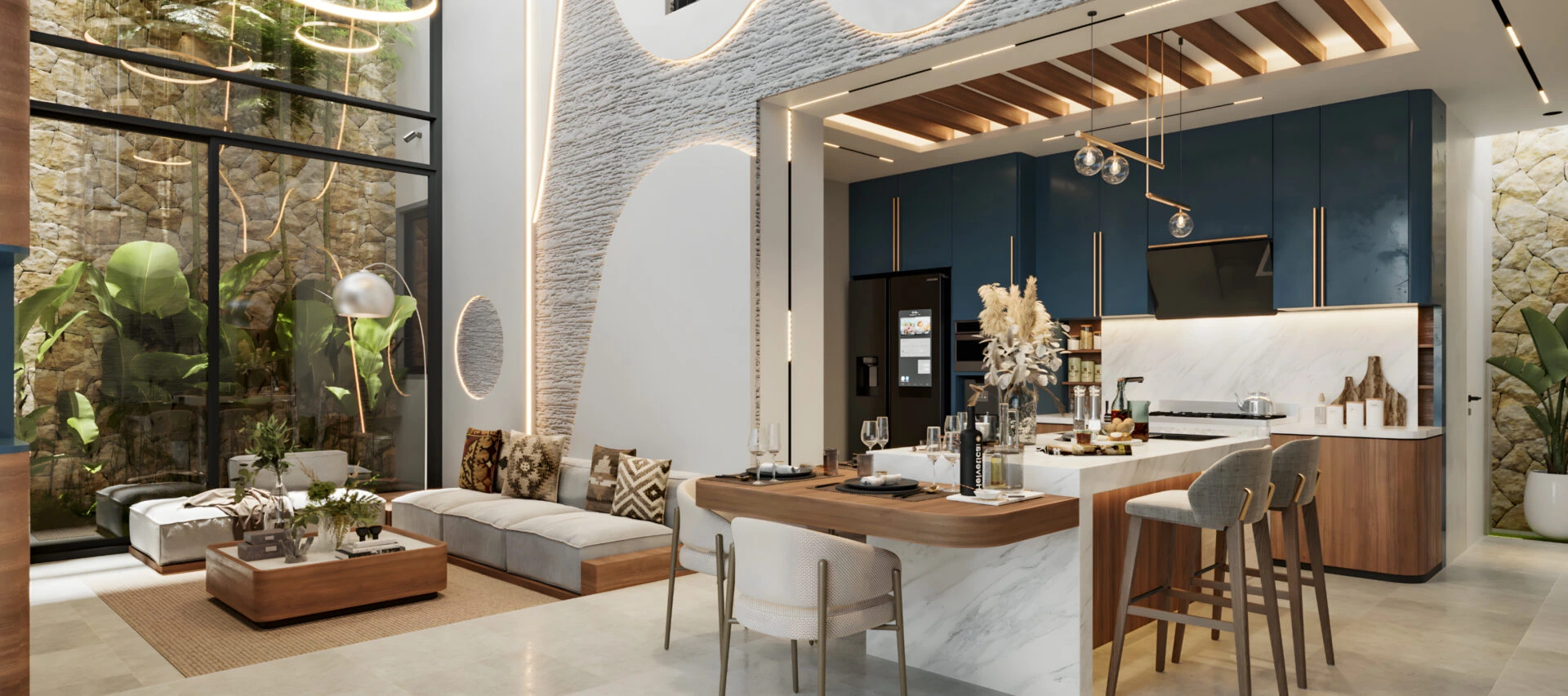 Modern living area with open kitchen, featuring sleek blue cabinets, wooden accents, and elegant lighting. Large windows reveal lush outdoor plants.