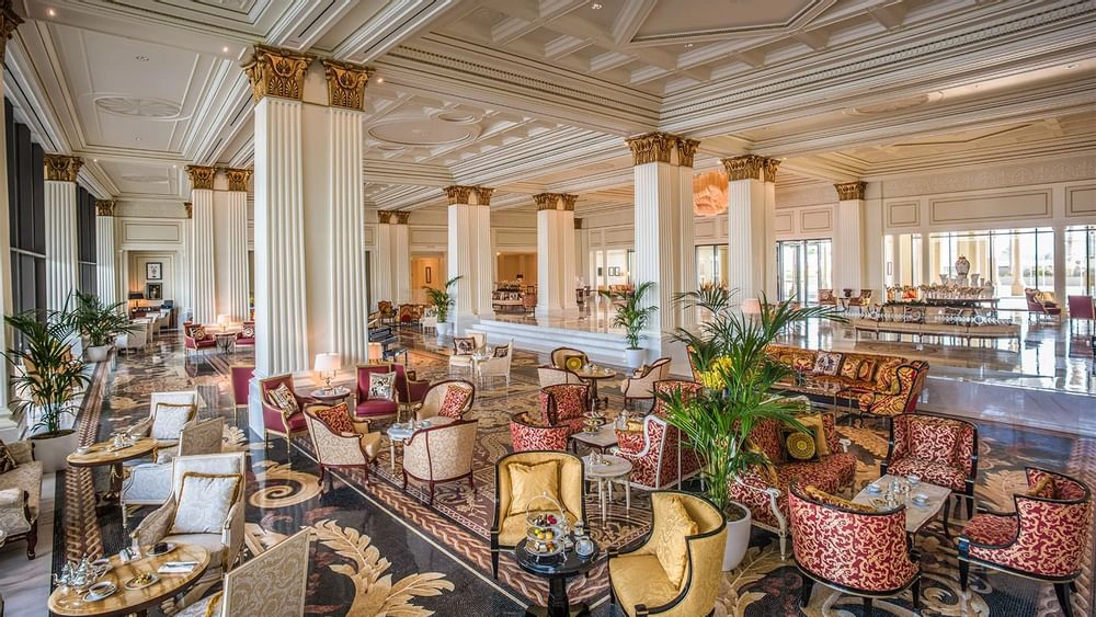 Hotel lounge of Palazzo Versace in Dubai, showcasing the luxurious design of the hotel.
