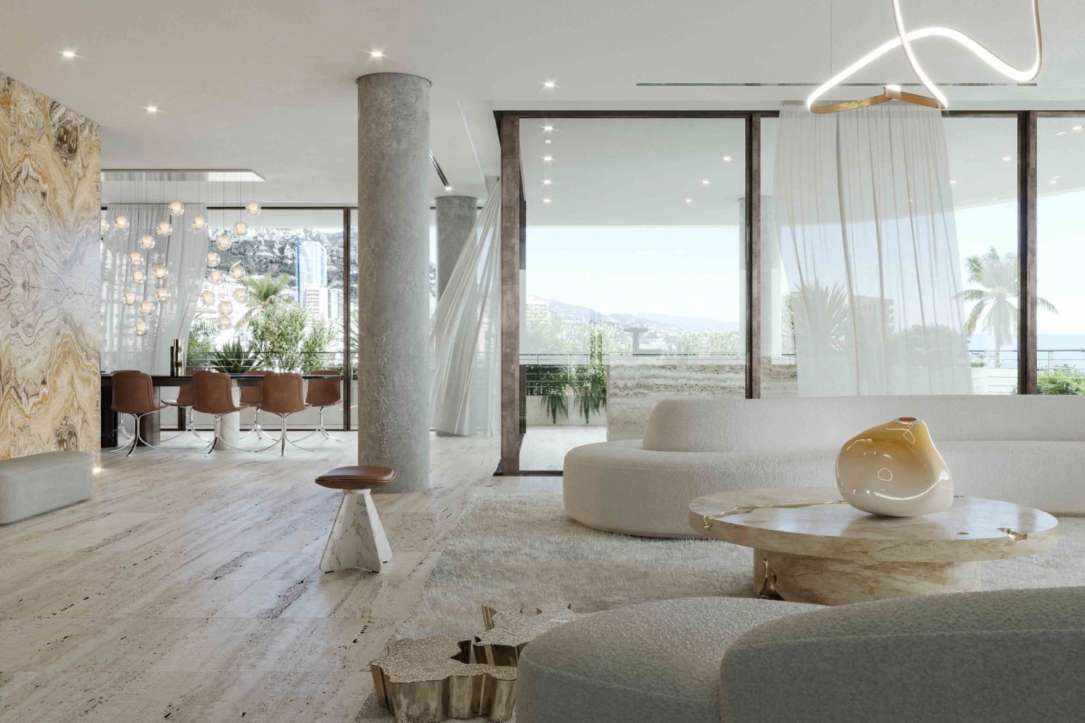 Luxurious, modern living space called La Petite Afrique in Monaco with floor-to-ceiling windows, a marble wall, circular sofa, abstract decor, and cityscape view. 