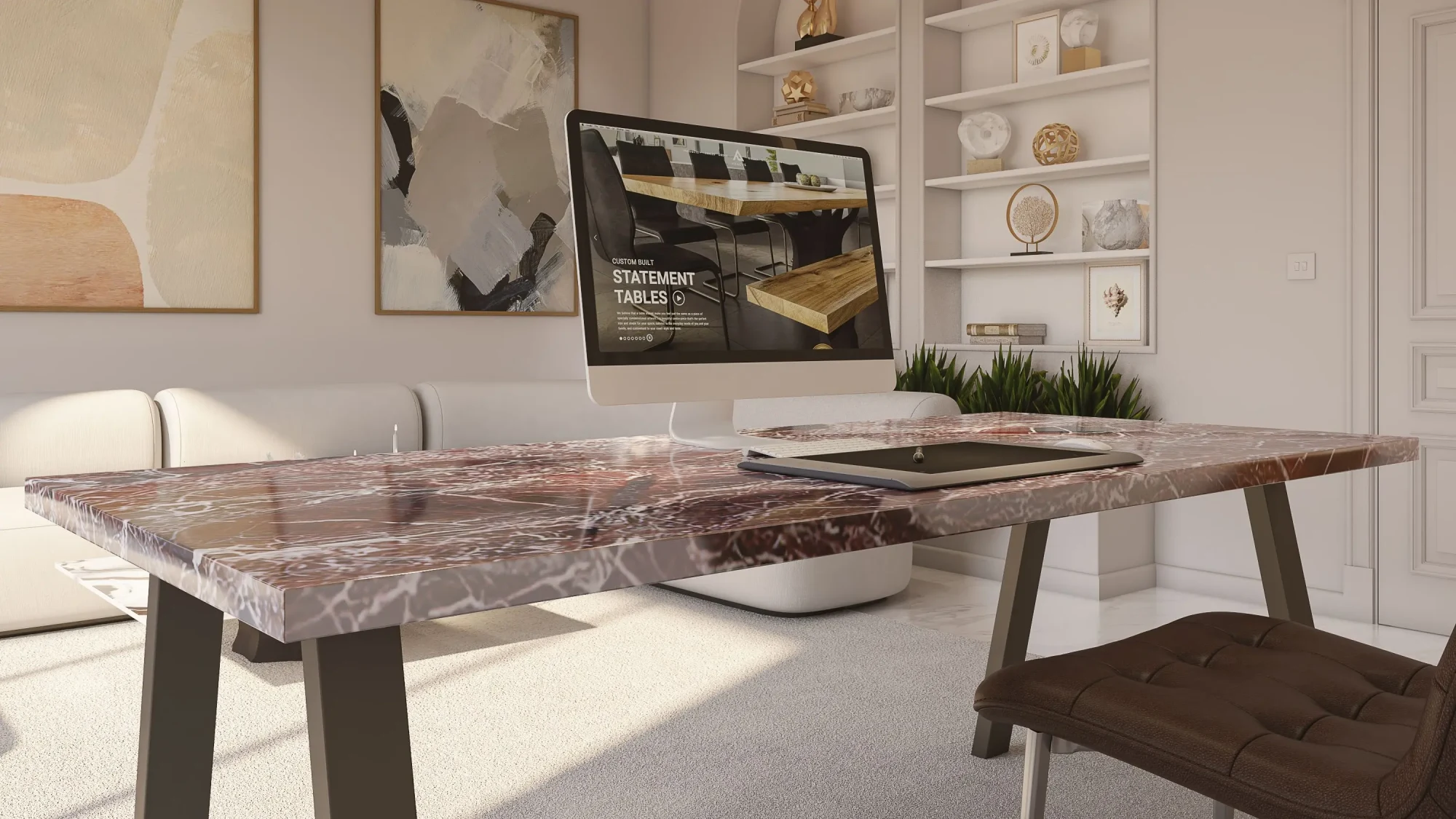 A modern home office features a sleek marble desk, highlighting the use of natural materials in luxury interior design.