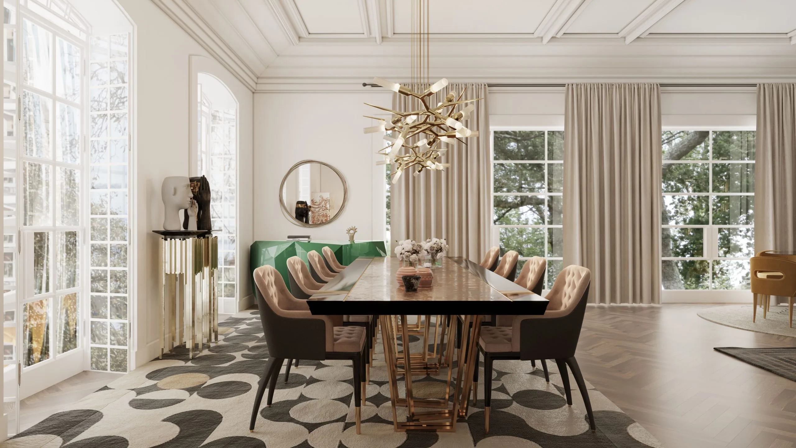 Luxury Living Spaces showcasing a contemporary kitchen and dining area with natural stone, bespoke cabinetry, and refined design.