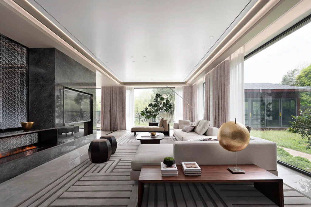 Luxury Living Spaces featuring a contemporary living room with premium materials, elegant furniture, and timeless interior design.