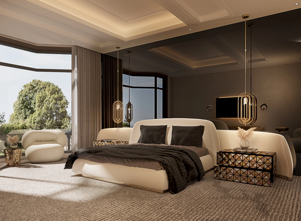 Luxury Living Spaces featuring a sophisticated bedroom with premium materials, soft textures, and contemporary interior design.