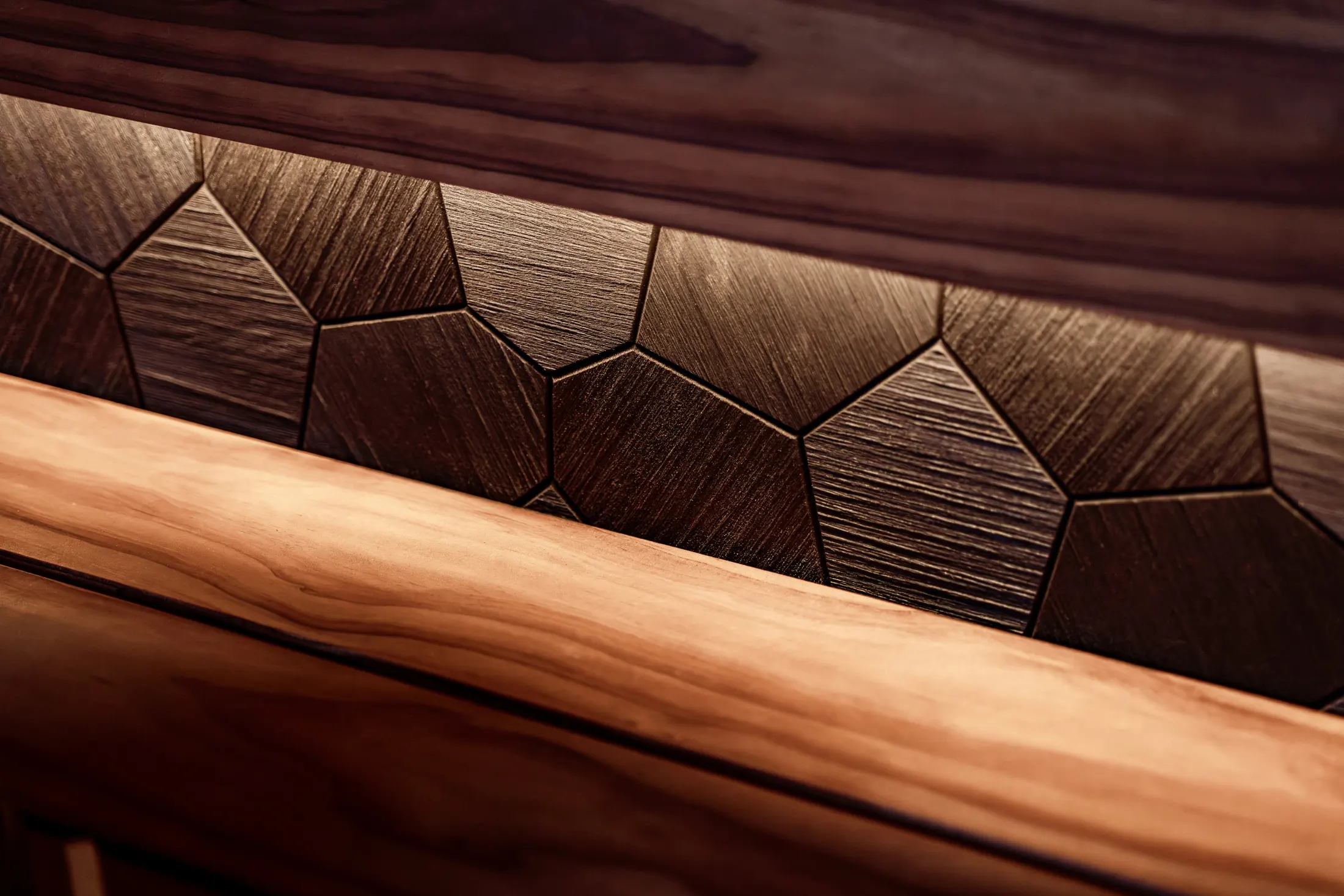Close-up of premium solid wood furniture showcasing refined grain and geometric craftsmanship.