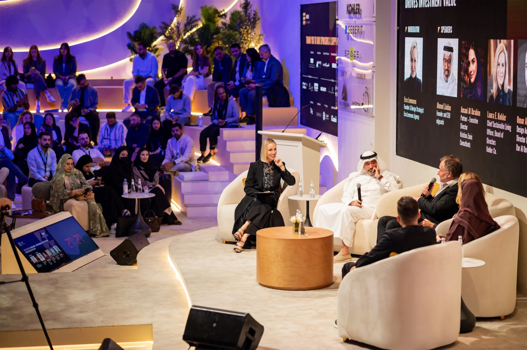 Keynote speakers and panel experts addressing an engaged audience during the INDEX Design Talks, shaping the future of Middle Eastern architecture and hospitality.