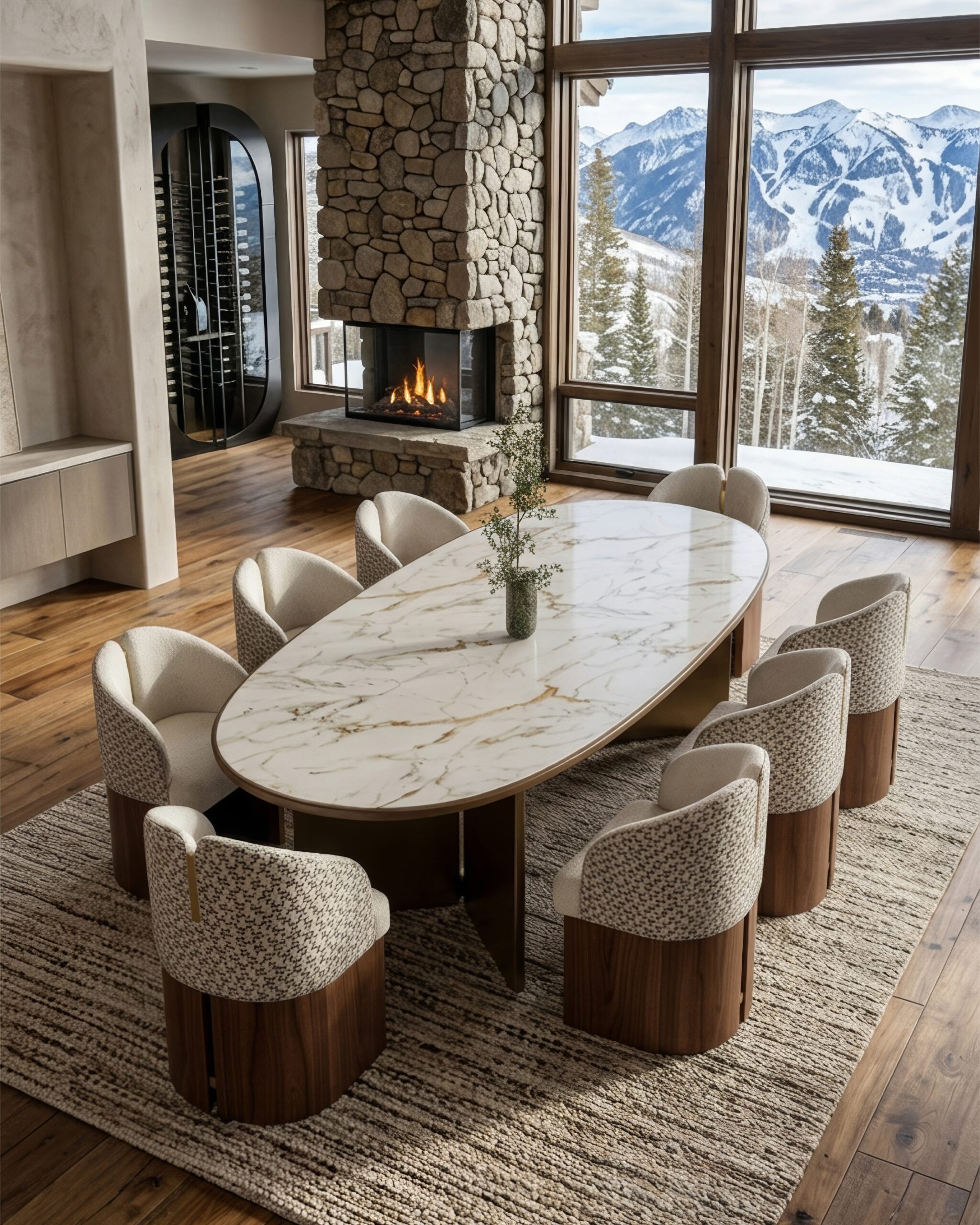 Oval marble dining table with upholstered wood-base chairs beside stone fireplace in modern alpine chalet.