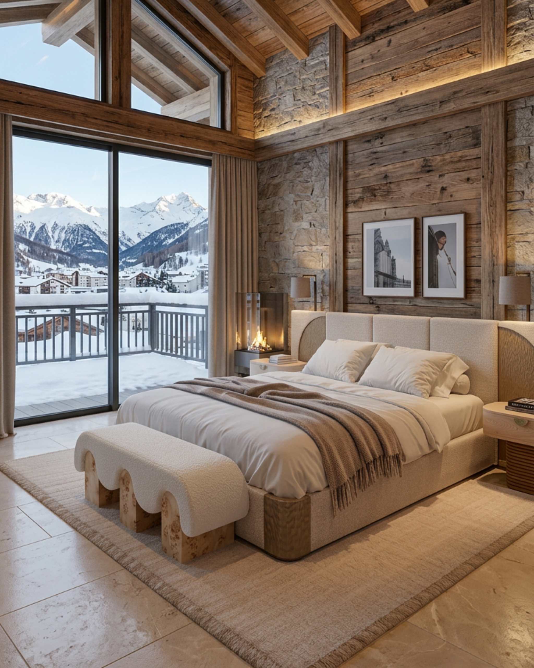 Modern rustic chalet bedroom with a double bed and snowy mountain views through large glass doors.