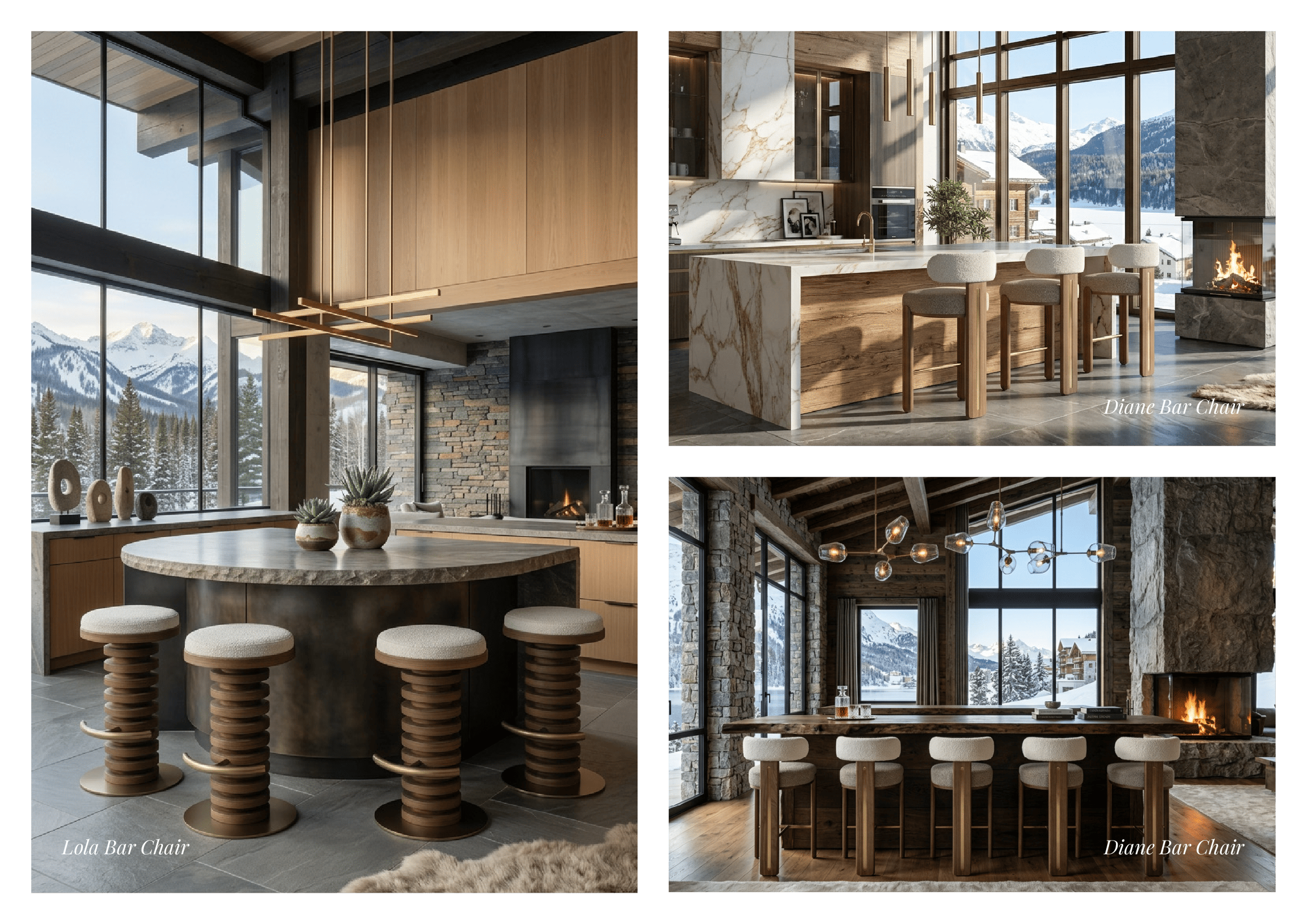 Luxury mountain chalet kitchen and bar interiors featuring Lola and Diane bar chairs.