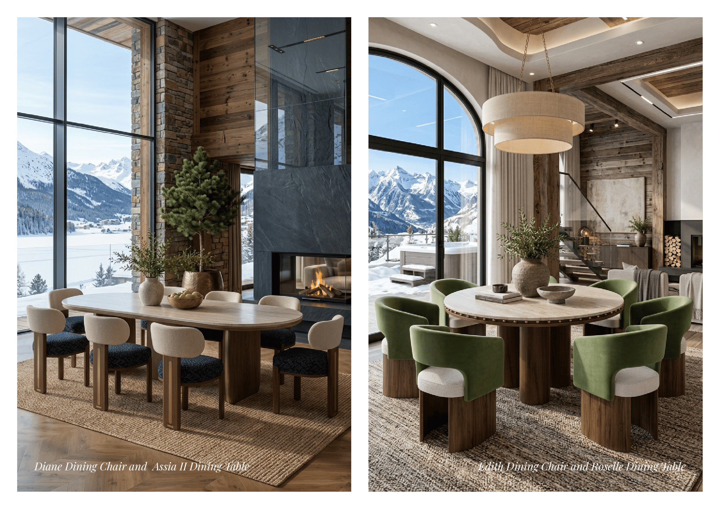 Chalet dining room designs showcasing the Assia II and Roselle dining tables with Diane and Edith Dining Chairs.