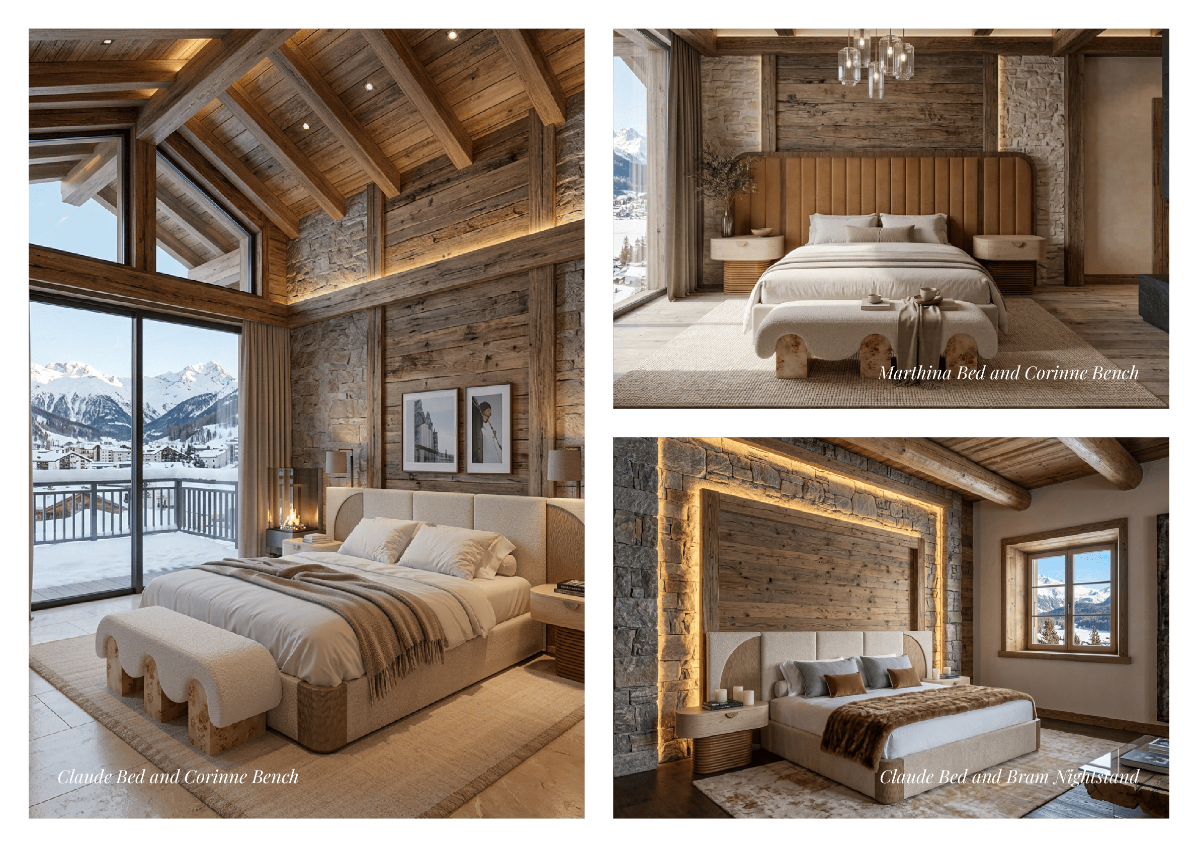 Rustic luxury chalet bedroom interiors featuring the Claude bed, Marthina bed, Corinne bench, and Bram nightstand.