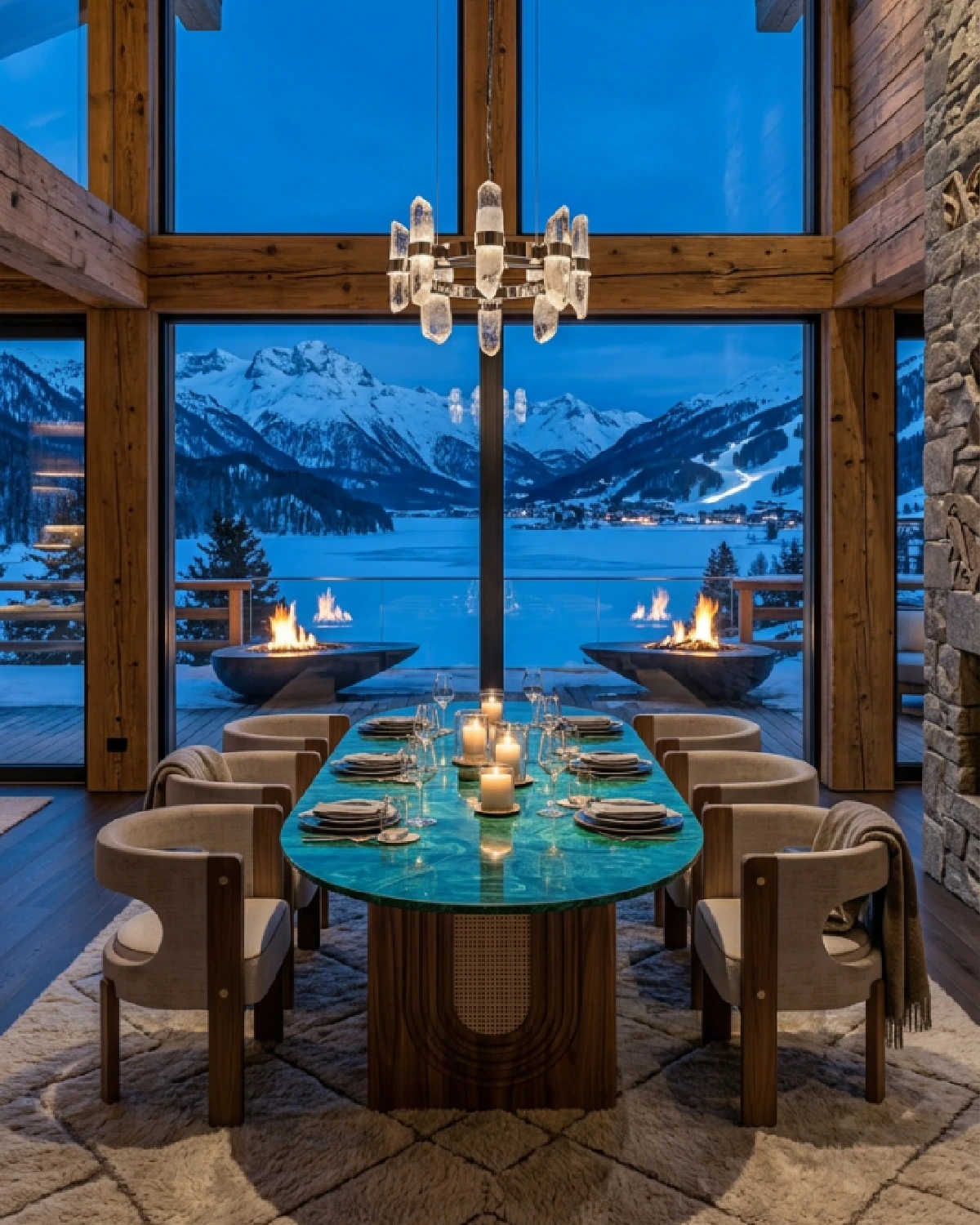 Luxury chalet dining room with malachite green table, crystal chandelier, and panoramic mountain view.