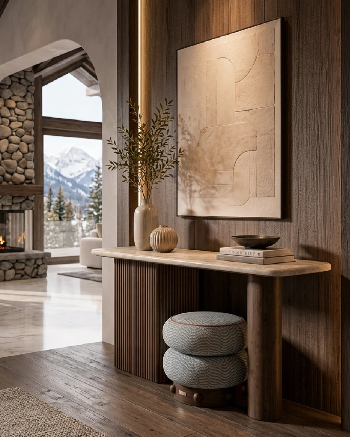 Elegant chalet entryway with fluted wood and stone console table, large abstract art, and fireplace view.