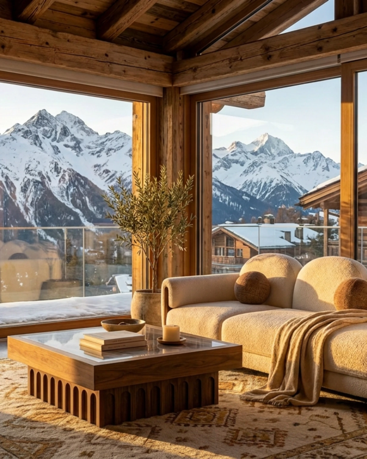Cozy chalet living room with bouclé sofa, fluted wood coffee table, and large windows to snowy slopes.