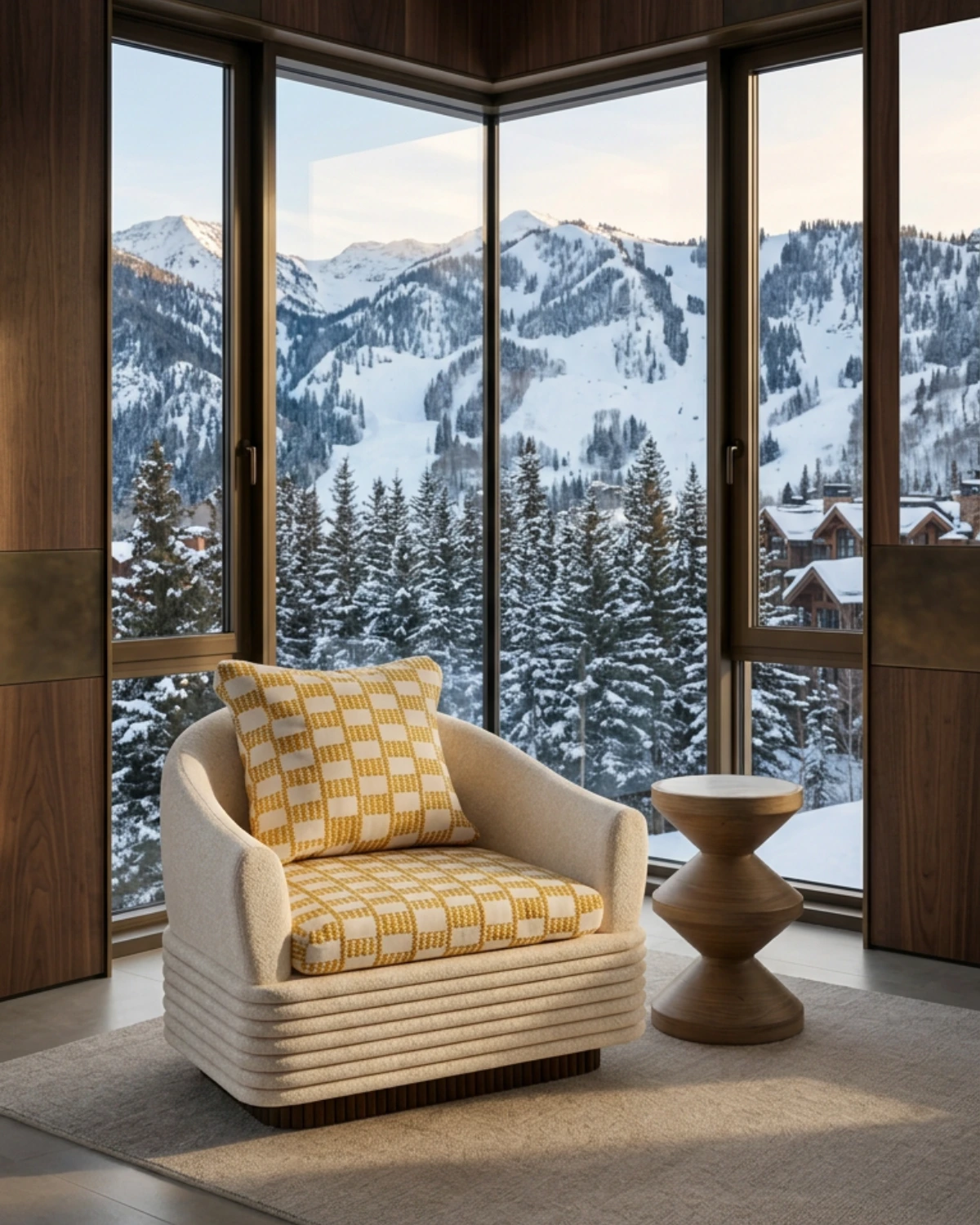 Chalet reading corner with ribbed bouclé armchair, yellow checkered pattern, and forest mountain view.