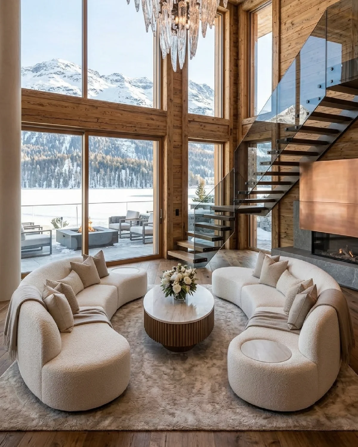 Modern luxury chalet living room with curved bouclé sofas, fluted marble coffee table, and double-height windows overlooking snowy mountains.