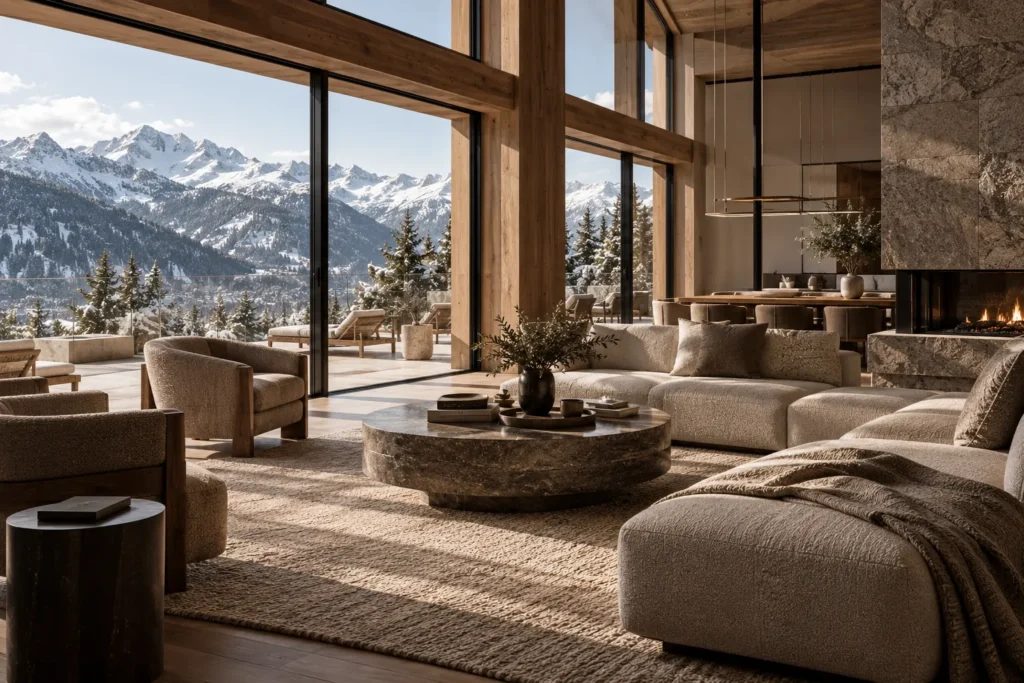 Contemporary luxury chalet interior with bespoke furniture, natural materials, fireplace and panoramic Alpine mountain views