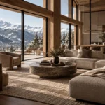 Contemporary luxury chalet interior with bespoke furniture, natural materials, fireplace and panoramic Alpine mountain views