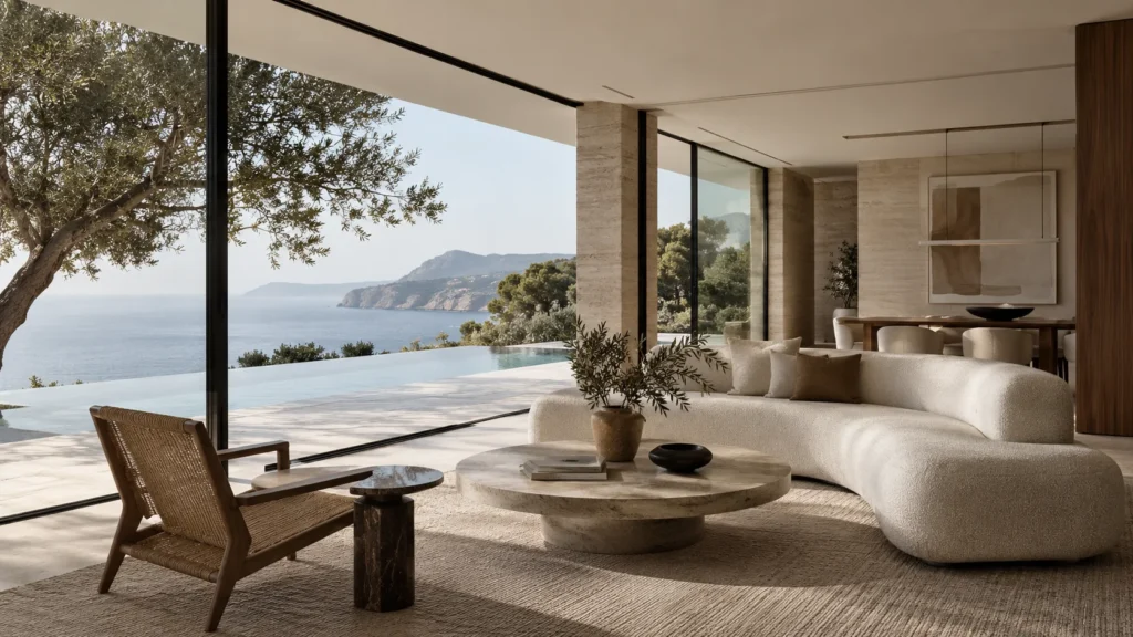 Luxury living interior with bespoke furniture overlooking a Mediterranean coastline