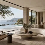 Luxury living interior with bespoke furniture overlooking a Mediterranean coastline