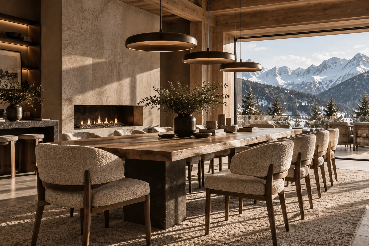 Luxury chalet dining room with bespoke wood table, upholstered chairs, stone fireplace and panoramic Alpine views