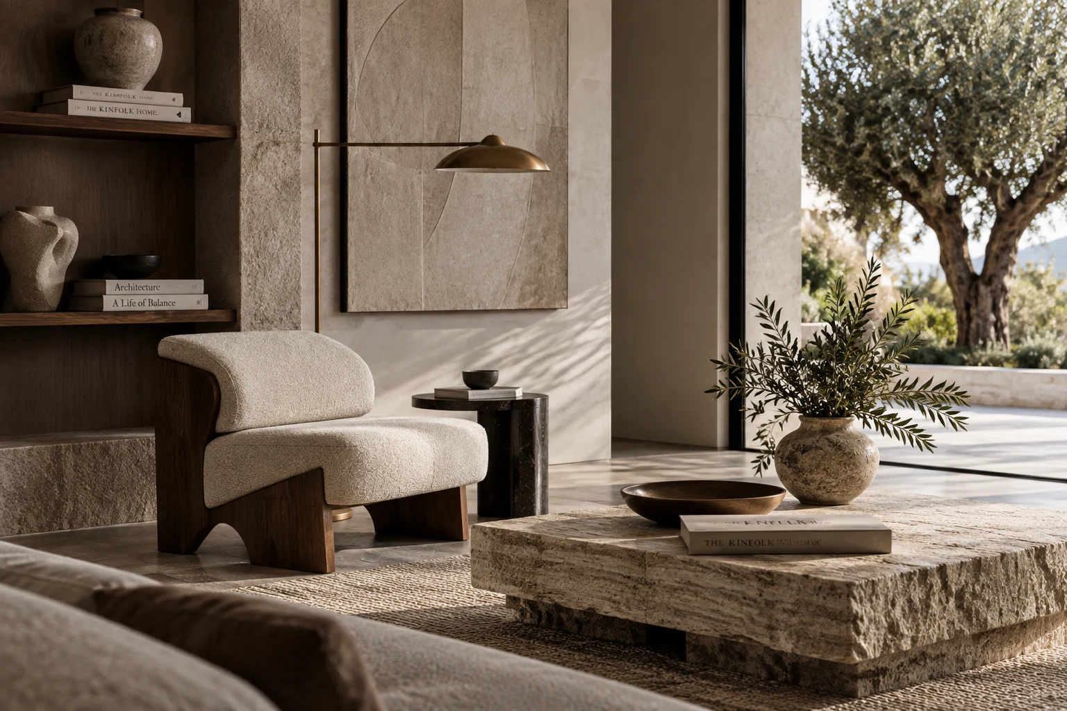 Refined luxury living room featuring natural stone, bespoke furniture and warm wood details