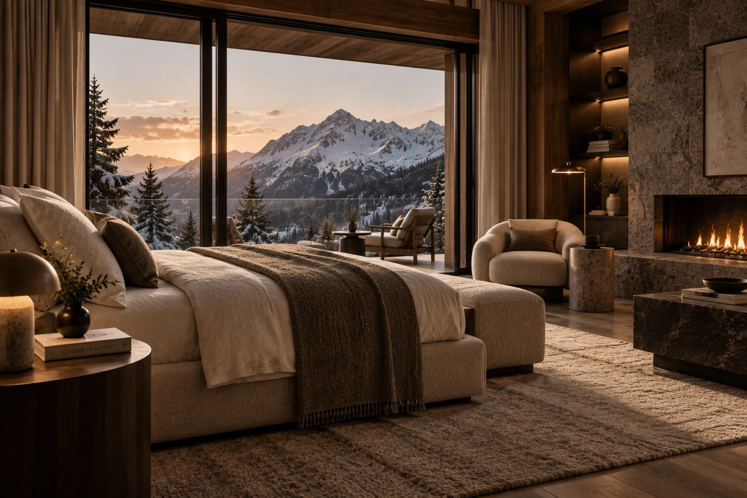 Luxury chalet bedroom and lounge with natural textiles, stone fireplace, bespoke furniture and panoramic mountain views