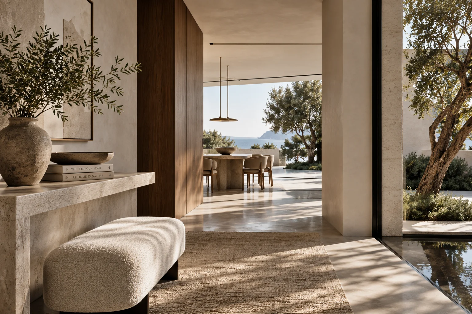 Luxury Mediterranean interior connecting refined living spaces with a landscaped outdoor setting