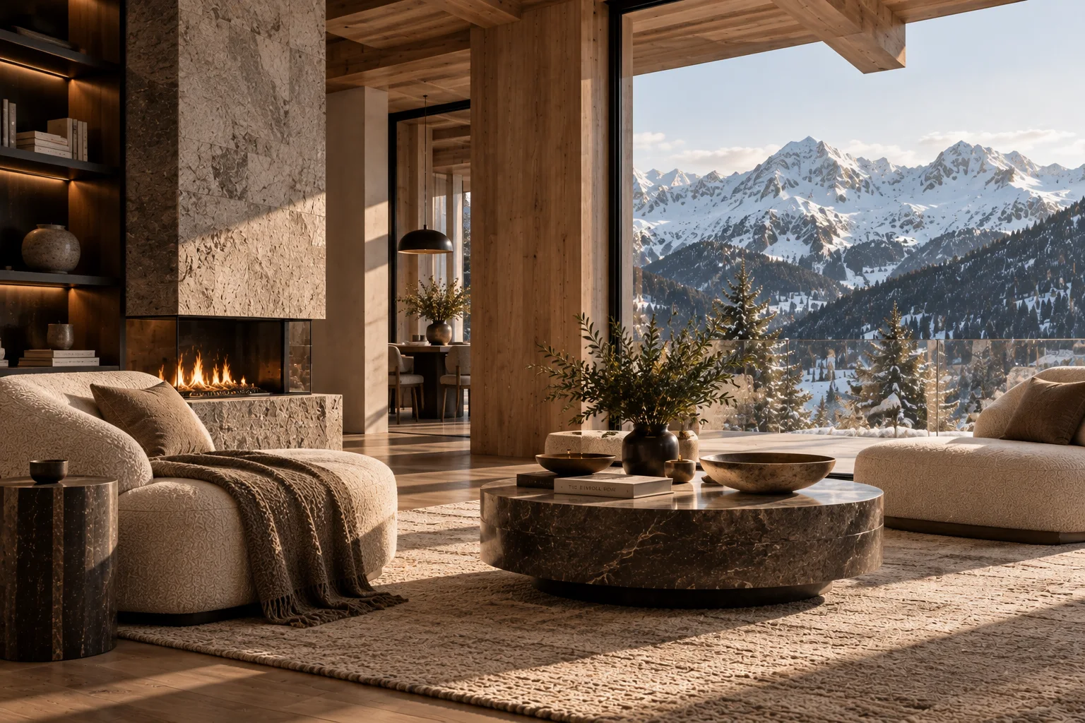Contemporary chalet living room with sculptural furniture, stone fireplace, natural wood and panoramic Alpine views