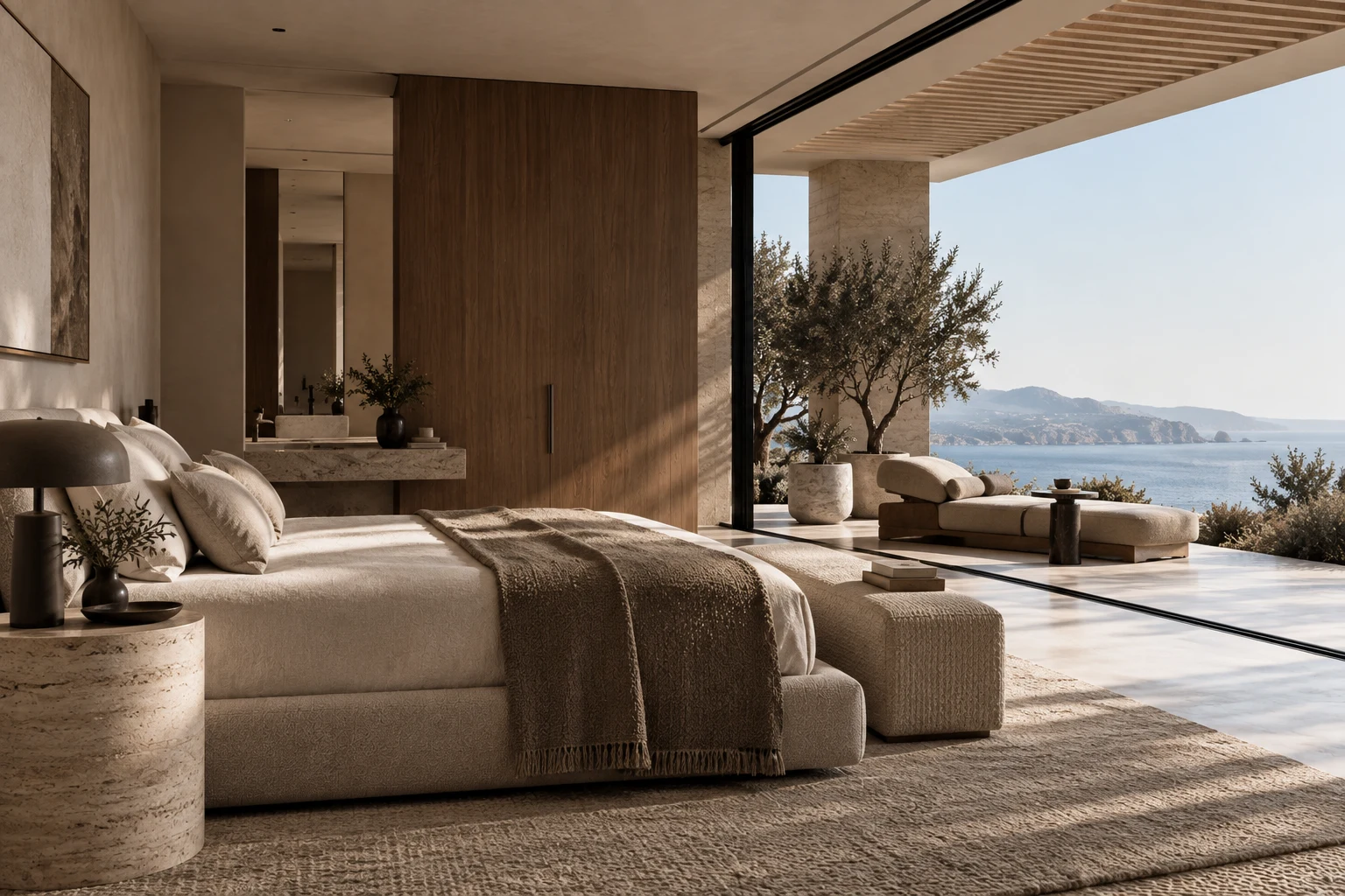 Luxury bedroom with bespoke furnishings, natural materials and an open terrace overlooking the Mediterranean