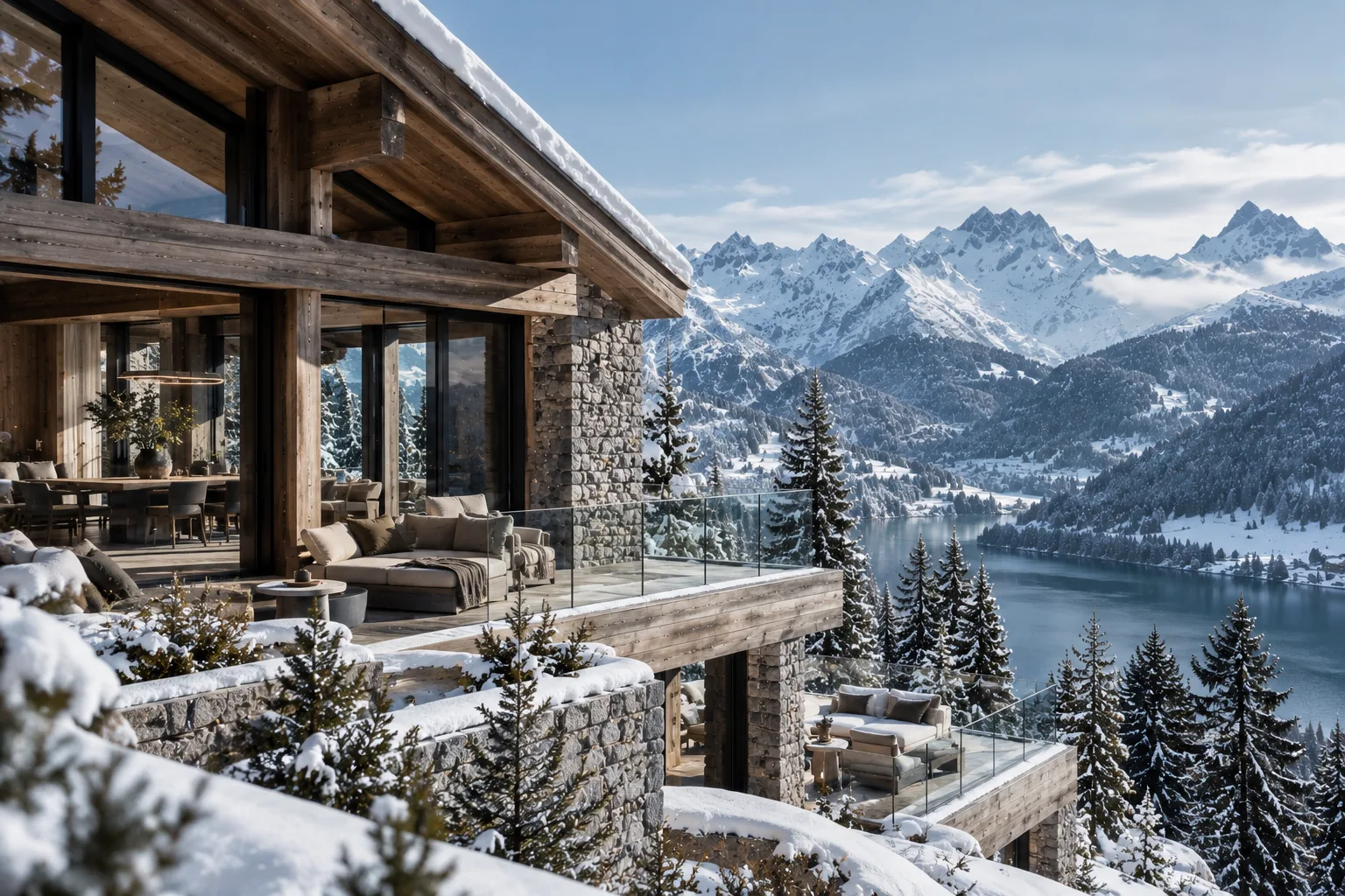 Contemporary luxury Alpine chalet with timber and natural stone architecture, expansive glass walls, layered terraces, and panoramic views of snow-covered mountains, evergreen forests and a deep-blue Alpine lake.