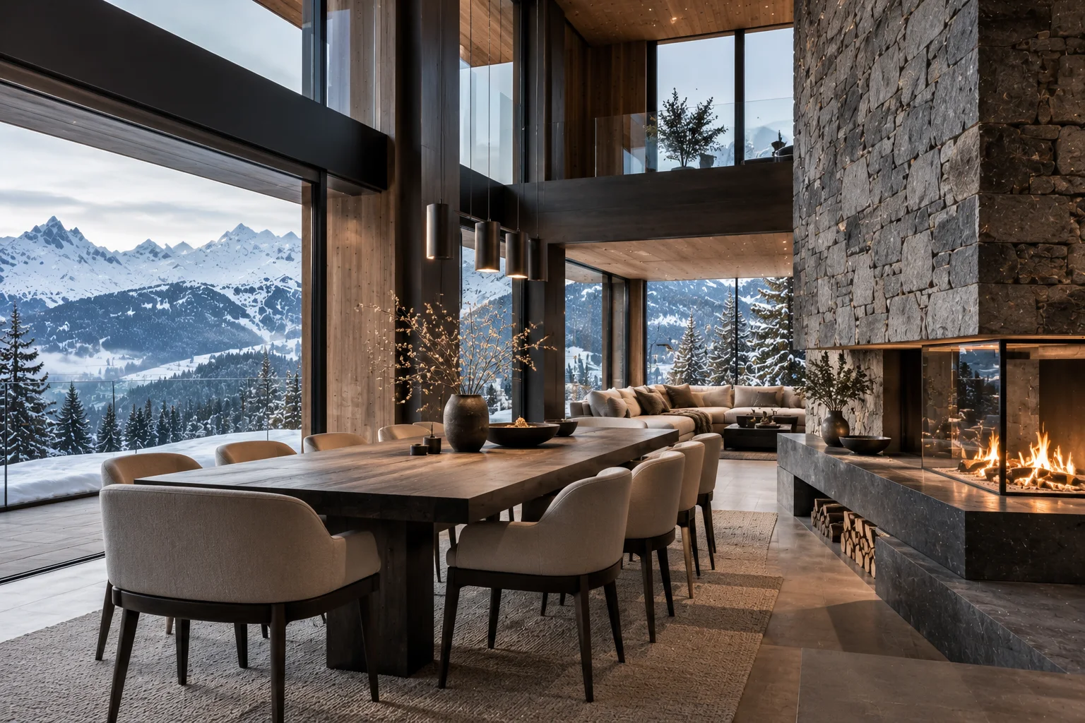 Contemporary luxury Alpine chalet interior with a double-height timber ceiling, natural stone fireplace, bespoke dining table, upholstered chairs, sculptural pendant lighting and floor-to-ceiling windows overlooking snow-covered mountains.