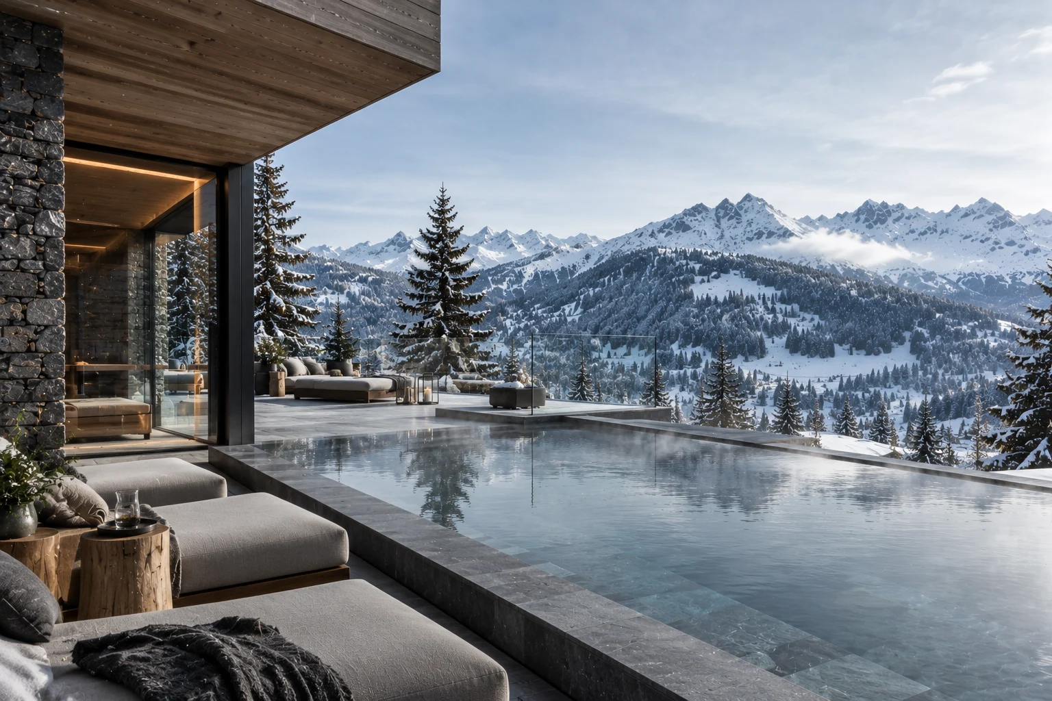 Contemporary luxury Alpine second home with an infinity pool, spacious outdoor lounge, natural stone walls, timber overhangs and panoramic views of snow-covered mountains and forested valleys.