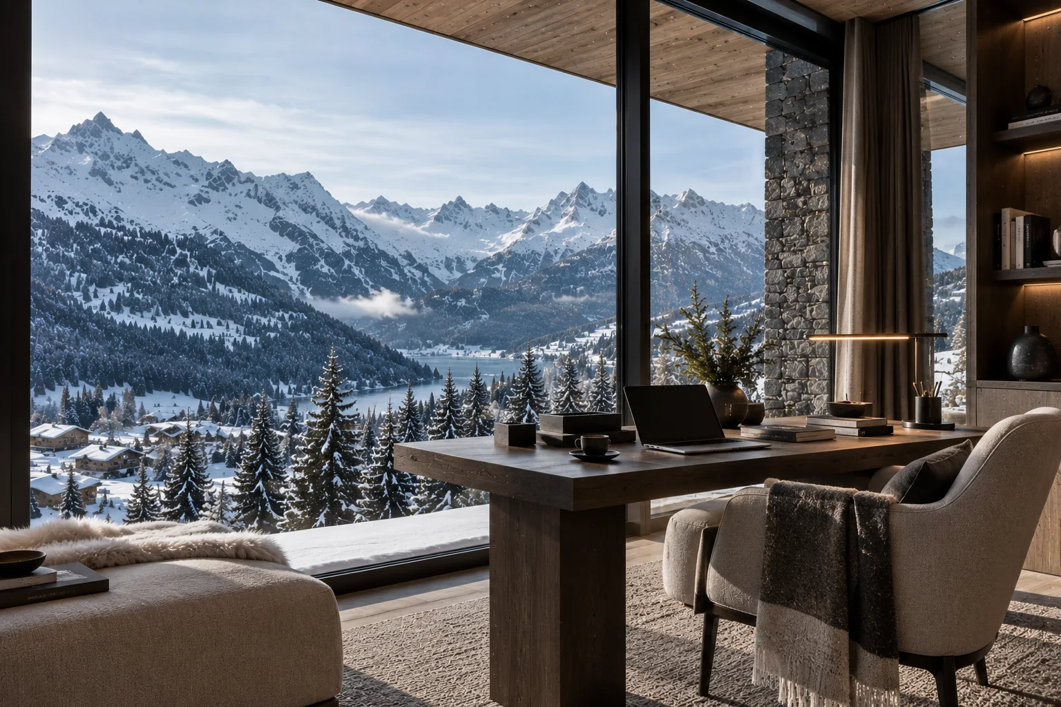 Contemporary luxury Alpine chalet home office with a dark timber desk, laptop, built-in shelving, natural stone walls, refined furnishings and floor-to-ceiling windows overlooking a snow-covered mountain valley.